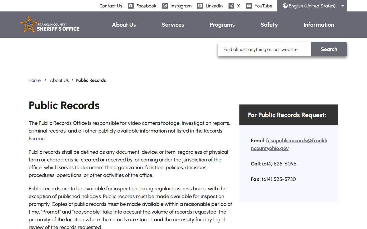 Franklin County booking-record public-records request page