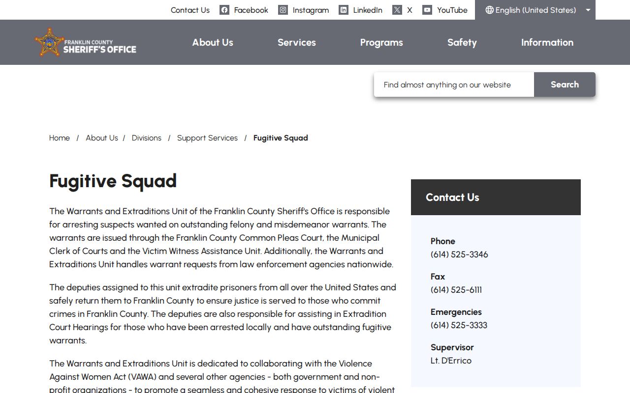 Franklin County Sheriff’s Office fugitive warrant-records page