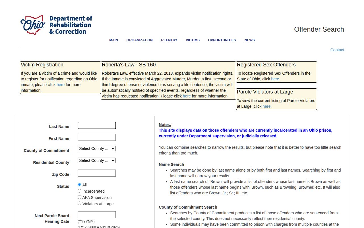 Franklin County state offender-record search through ODRC